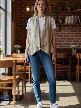 Kismet Beige Draped Open Front Vest